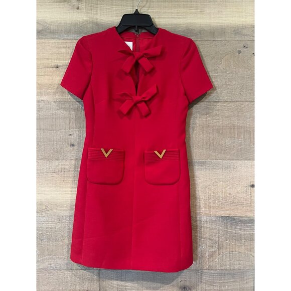 Valentino Garavani V-Logo Pockets Bow red Crepe Mini Dress size IT 36/ US 0 - Picture 5 of 14